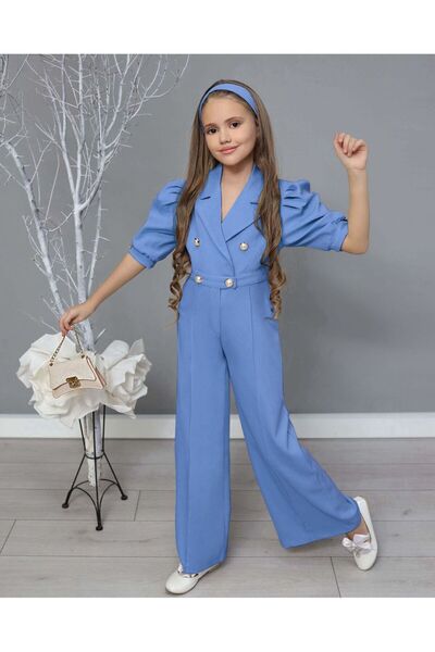 By Feyza Kids Collection Girl's pearl buttoned jacket collar, headband and bag overalls set
