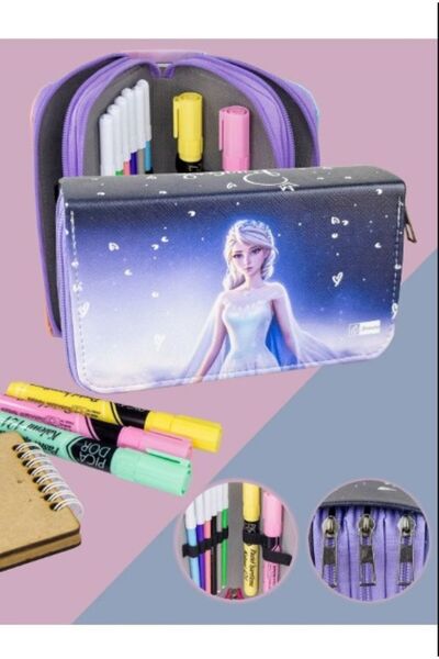 PartAntalya Kalem Kutusu Elsa Frozen Temalı Orginazer Üç Bölmeli Vegan Deri (KALEMLİK)