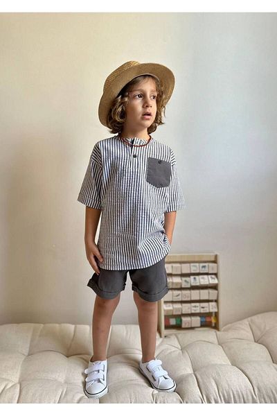 CANDA Striped Summer Suit for Kids - Pocket Detailed Short Sleeve and Shorts