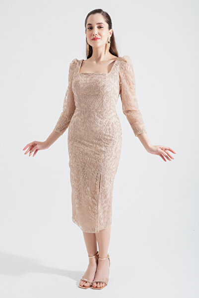 Lafaba Γυναικείο Μίντι Βραδινό Φόρεμα με Χρυσό Τετράγωνο Γιακά Glitter