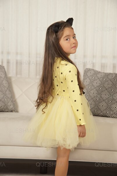 QUESHMA Kız Bebek Çocuk Prenses Kabarık Tütü Elbise Puantiyeli Uzun Kol Esnek Likralı Sarı