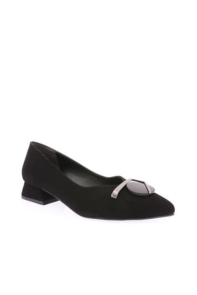 DGN Women's Pointed Toe Front Round Metal Detail Buckle Low Heel Shoes Black Velvet 211232328