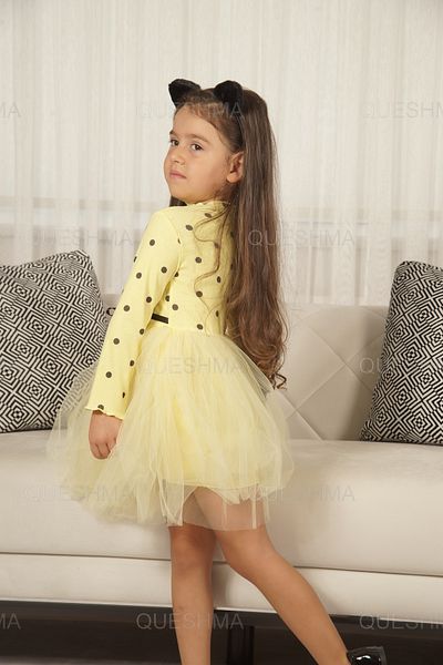 QUESHMA Bebeluș Fetă Copil Prințesă Rochie Tutu Pufoasă Buline Mânecă Lungă Lycra Flexibil Galben