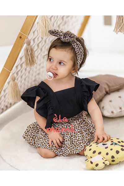 BabyPuff Èla Mamà Girl's Leopard Patterned Salopet Bandana Set