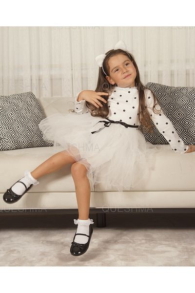QUESHMA Λευκό πουά Princess Fluffy Tutu φόρεμα - Παιδικό κοριτσάκι με ελαστικό και μακρύ μανίκι