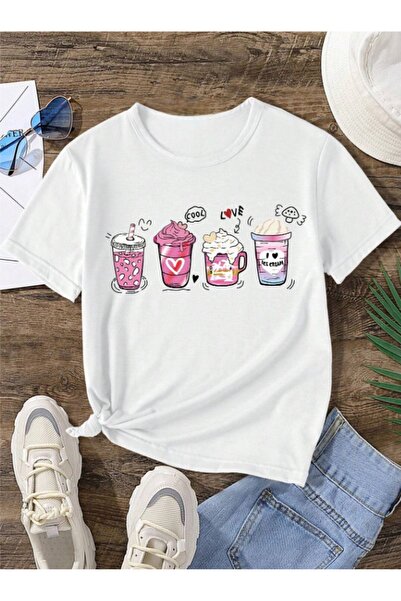 Pelna Çocuk Trend Model Pembe Baskılı Pamuklu Beyaz Tshirt