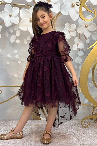 Riccotarz Κοριτσίστικο φόρεμα με σχέδιο πεταλούδας, διαφανές, λεπτομερές δαμάσκηνο φόρεμα με ουρά