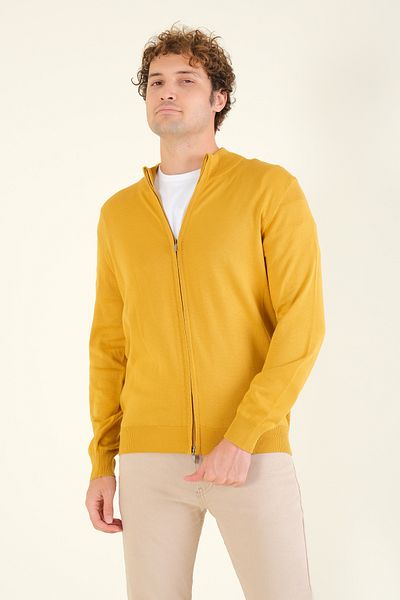 Giyim Dünyası Mustard Men's Cardigan - Stand Collar and Zipper