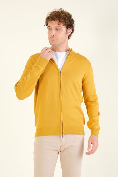 Giyim Dünyası Mustard Men's Cardigan - Stand Collar and Zipper