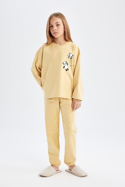 DeFacto Girls' Sleepwear Set with Bear Print - Long Sleeve, Elastic Waist, Long Bottom D5843A824Au