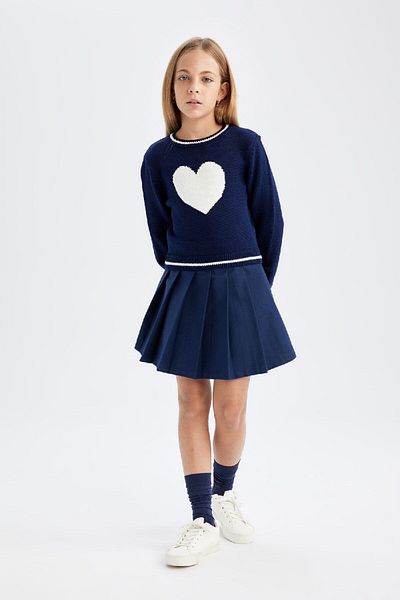 DeFacto Girl's Navy Blue Standard Fit Crew Neck Heart Knitwear Sweater C6944A824Au