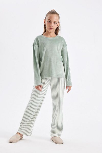 DeFacto Dívčí pyžamový set - fleece dlouhý rukáv, horní elastický pas, dlouhý spodní díl D1068A824Wn