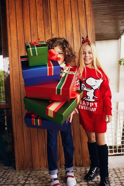 DeFacto New Year's Themed Snoopy Girl's Knitwear Dress - Crew Neck, Long Sleeve Y0586A622Cw