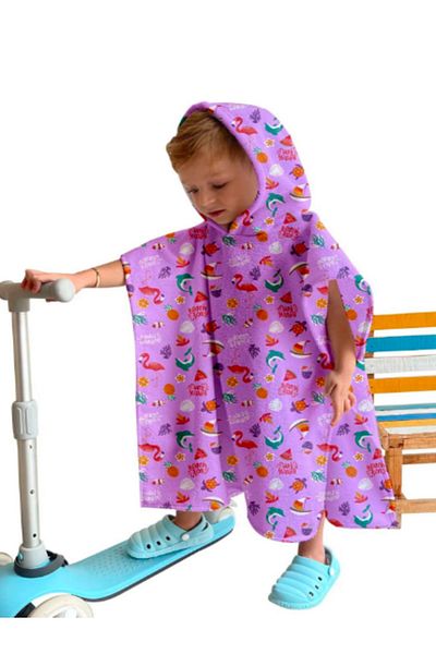 C&City Fliederfarbener digital bedruckter Kinderponcho – C1701