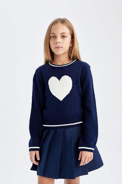 DeFacto Girl's Navy Blue Standard Fit Crew Neck Heart Knitwear Sweater C6944A824Au