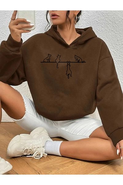 mw memowear Унисекс кафяв суитшърт 2ip - повдигната и плетена материя с котешки детайли