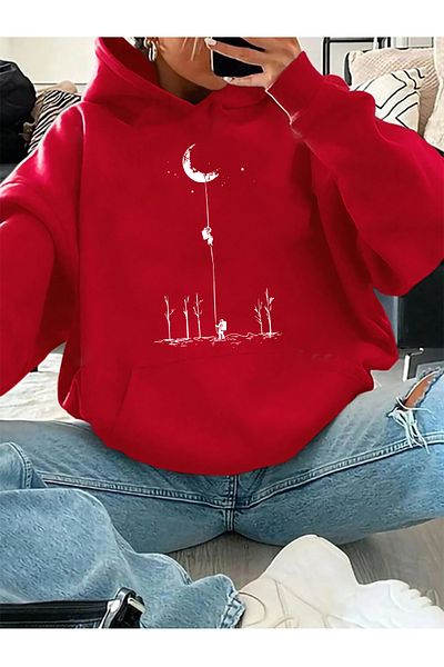 mw memowear Унисекс плетен суитшърт с шарка „Сатурн“ в червено - 2 нишки, повдигнати
