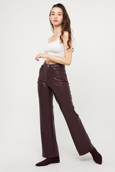 XRAY JEANS Women's High Waist Pocket Wide Leg Burgundy Leather Trousers