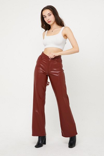XRAY JEANS Women's High Waist Pocket Wide Leg Tan Leather Trousers