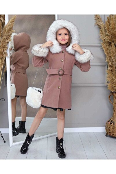 Poyraz Fashion Kids Kız Çocuk Deri Etekli Kaşe Mont Takım