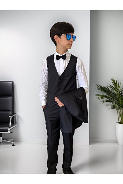 WENA KİDS Çocuk Takım Elbise Ceket Yelek Pantolon Gömlek Set Suit  Siyah