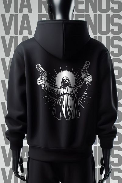 Vordevia Jesus Guns Front and Back Printed 3 Thread Wide Fit Black Hooded Sweatshirt