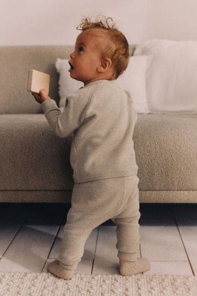 Next Baby Cotton Knit Beige Long Sleeve Bottom Top Set