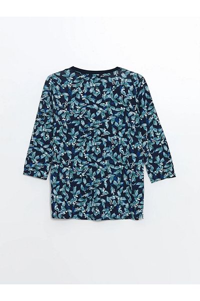 LC Waikiki LCW Grace - Γυναικεία μπλούζα με λαιμόκοψη σε μπλε ναυτικό λουλούδι