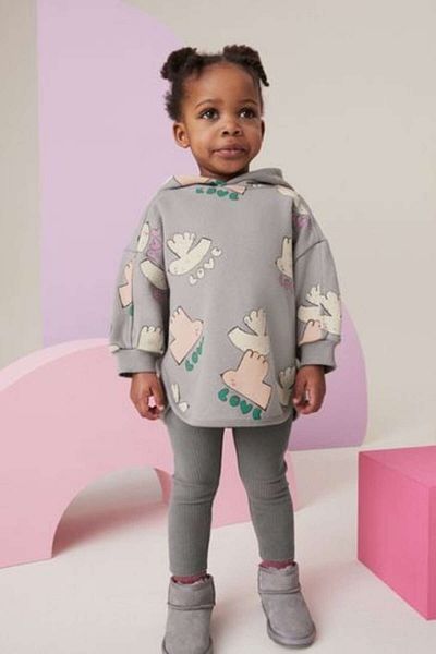 Next Baby Cotton Gray Hooded Long Sleeve Sweatshirt Tights Top and Bottom Set