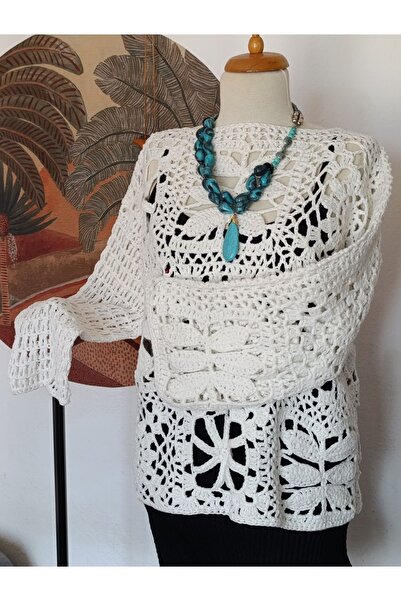 Hippybutik Beyaz Tığ Dokuma Dantel Elişi Tasarım Crop Kazak