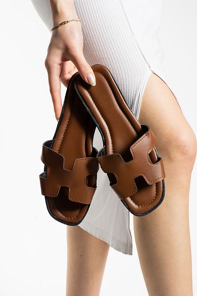 Moda Devrin Tan Women's Slippers with Open Front and Sides Outdoor and Home Slippers