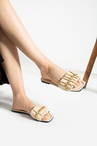 Moda Devrin Beige Drawstring Women's Slippers Outdoor And Home Slippers