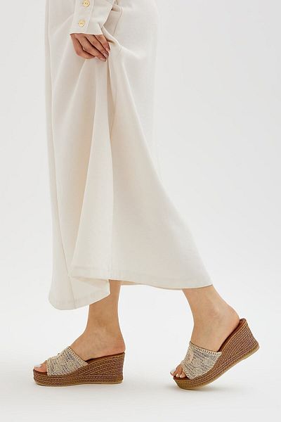 Moda Devrin Beige Flat Straw Weave Wedge Heel Women's Slippers Heeled Slippers