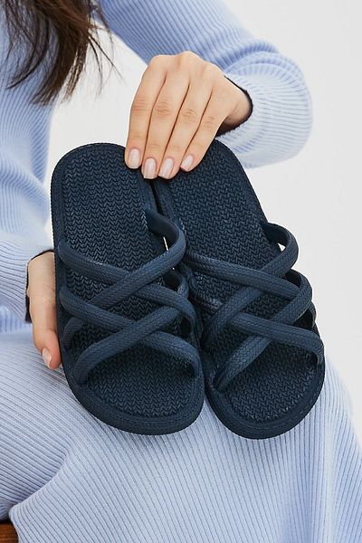 Moda Devrin Gz12494 Navy Blue Wicker Look Non-Slip Slippers Pool Sea Beach Slippers