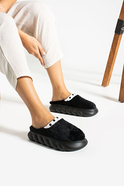 Moda Devrin Black Eva Sole Semi Polka Dot Plush Gondola Slippers