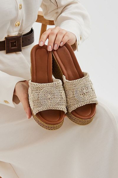 Moda Devrin Beige Flat Straw Weave Wedge Heel Women's Slippers Heeled Slippers