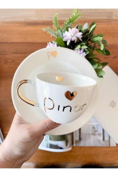 Mugtasarım 24k Altın Yaldızlı Pınar Isimli Porselen Nescafe Fincanı