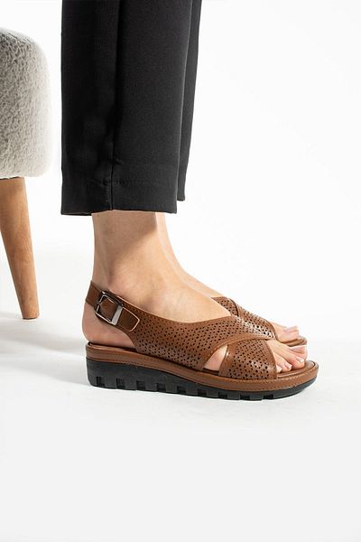 Moda Devrin Tan Cross Anatomical Comfortable Sole Adjustable Buckle Sandals