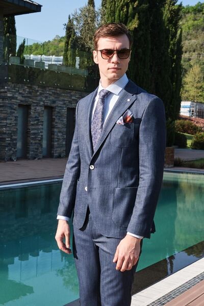 Morven Men's Navy Blue Filafil Patterned Slim Fit Suit