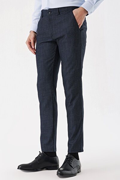 Morven Men's Navy Blue Polyviscon Patterned Slim Fit Trousers