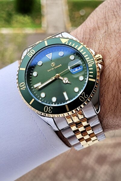 DAVID GUNER Kadranı Yeşil Kordonu Gold Gümüş Renk Takvimli Erkek Kol Saati