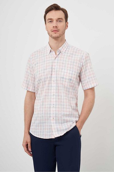 Morven Men's Red Linen Checked Short Sleeve Regular Fit Shirt with Pockets