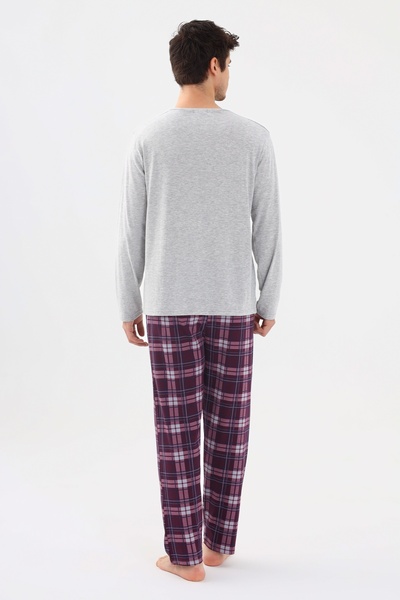 koza iç giyim Men's Cotton Long Sleeve Plaid Patterned Pajama Set with Placket on the Front