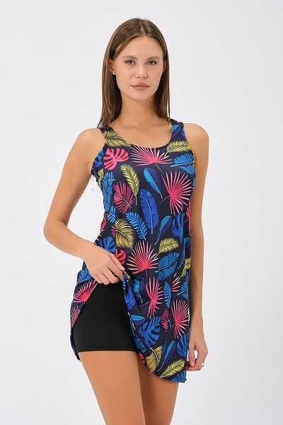 vawensea Women's Chest Pad Peddili Mayalı Navy Blue Leaf Motif Dress and Shorts Set