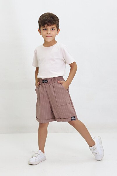 Kamex Çizgili Armalı Duble Paça Unisex Çocuk Şort Bej