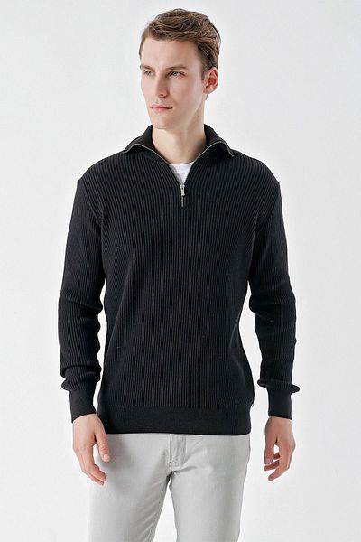 Morven Men's Black Trend Zippered High Collar Dynamic Fit Comfortable Cut Knitwear