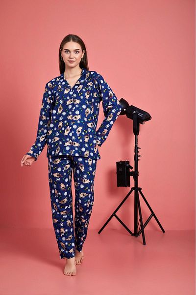 MEBA Black Heart Patterned Seasonal Suede Women's Pajamas Set - Front Buttoned