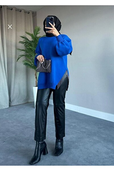 Sfg Life Moda Πέτρινη Λεπτομερής λαιμόκοψη ποδηλάτου με σχισμή πλεκτό χιτώνα μεγάλου μεγέθους - μπαλόνι μανίκι