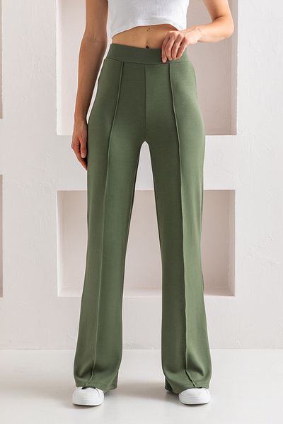 CNRCollection Khaki Colored High Waist Ribbed Recovery Modal Fabric Leggings - Wide Fit Wide Leg Women's Trousers