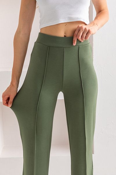 CNRCollection Khaki Colored High Waist Ribbed Recovery Modal Fabric Leggings - Wide Fit Wide Leg Women's Trousers